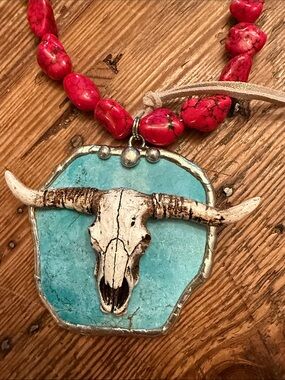 Turquoise Skull Pendant Necklace with Red Beaded Strand necklace